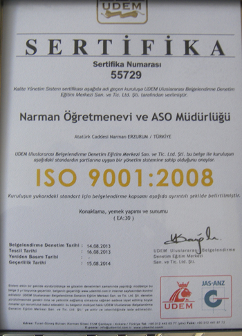 NARMAN ÖĞRETMENEVİ ISO 9001 BELGESİ ALDI