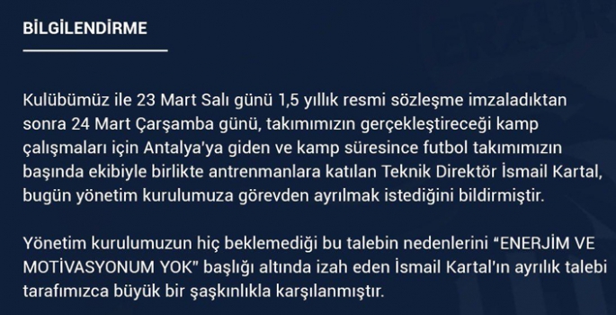 BB Erzurumspor’dan İsmail Kartal'ın istifası hakkında açıklama