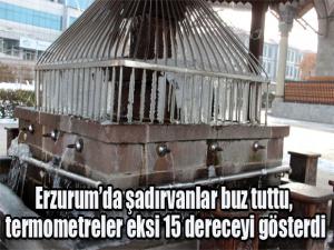Erzurumda şadırvanlar buz tuttu, termometreler eksi 15 dereceyi gösterdi