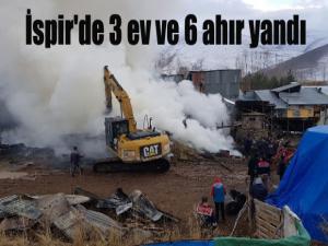 İspir'de 3 ev ve 6 ahır yandı