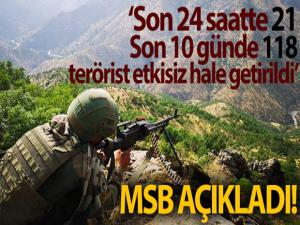 MSB: 'Son 24 saatte 21, son 10 günde 118 PKK/YPG'li terörist etkisiz hale getirildi'